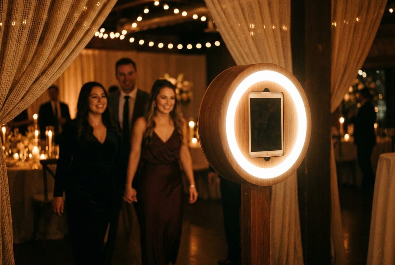 Guests using an iPad photo booth at a reception