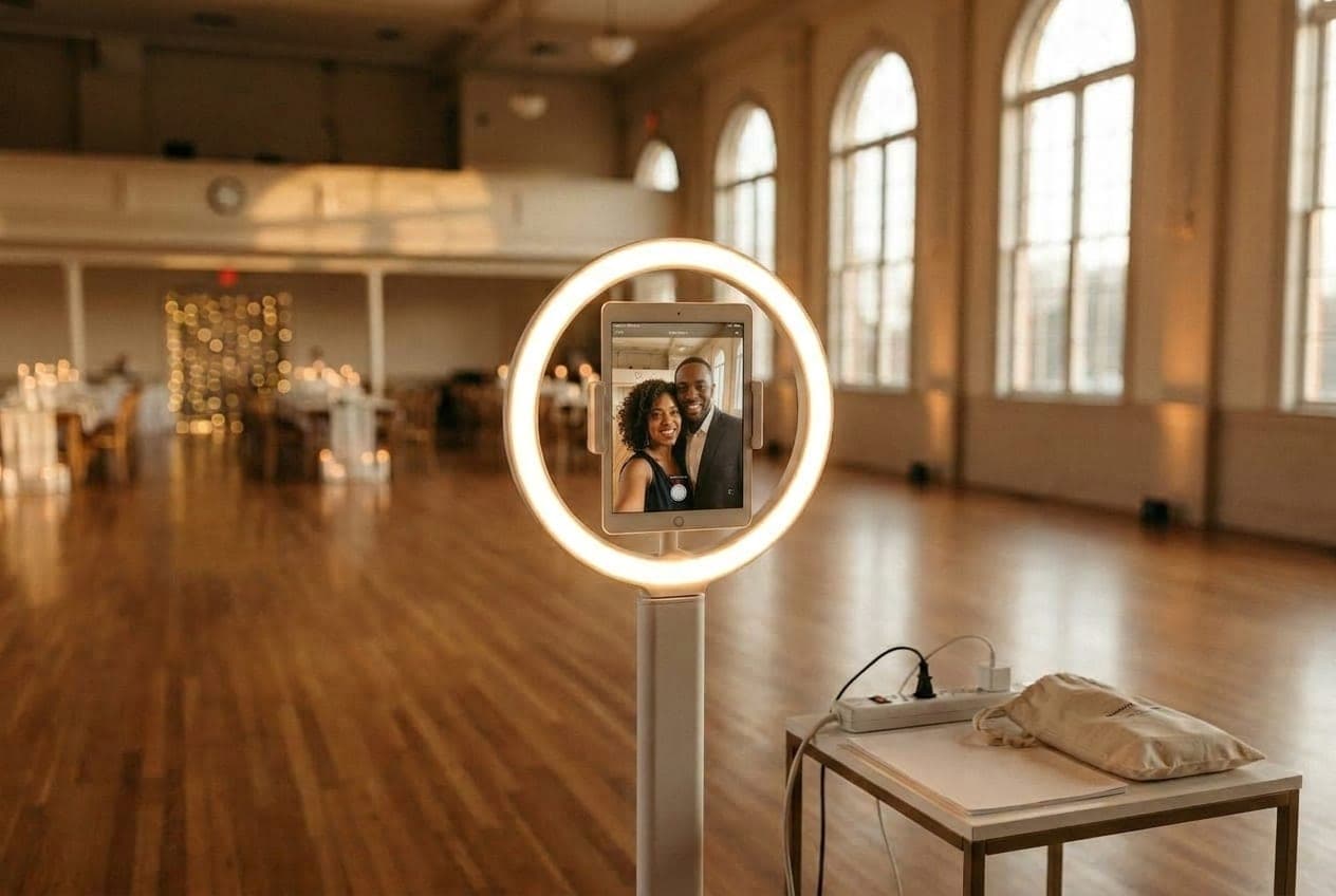 Guests at an event using an iPad photo booth